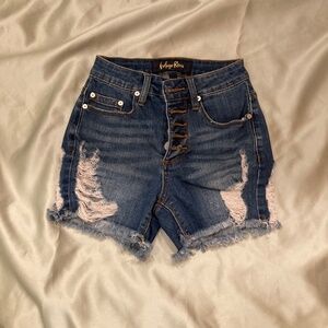 Indigo Rein Blue Denim Tiny High Waist Shorts Button Fly Juniors Size 00 EUC